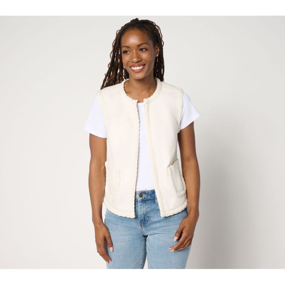 Liberare Women's Plus Sz Jacket 2X Denim Vest Braided Trim White A692540